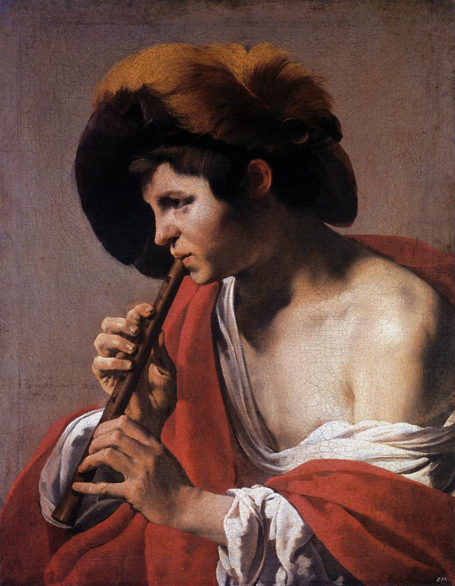 A painting of a boy in a feathered hat playing a recorder